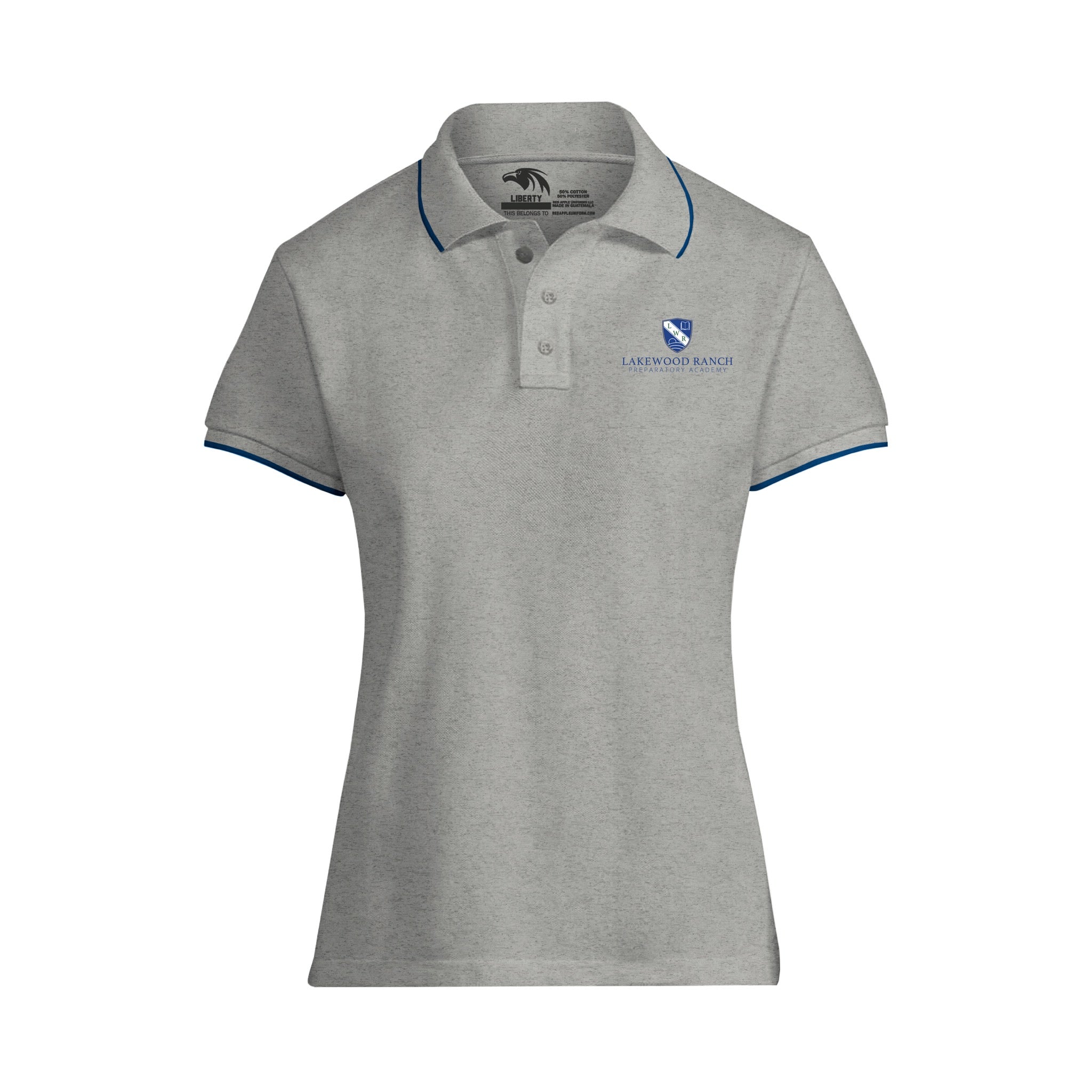 Polo de piqué gris para adultos Lakewood Ranch Prep High School con detalles en azul