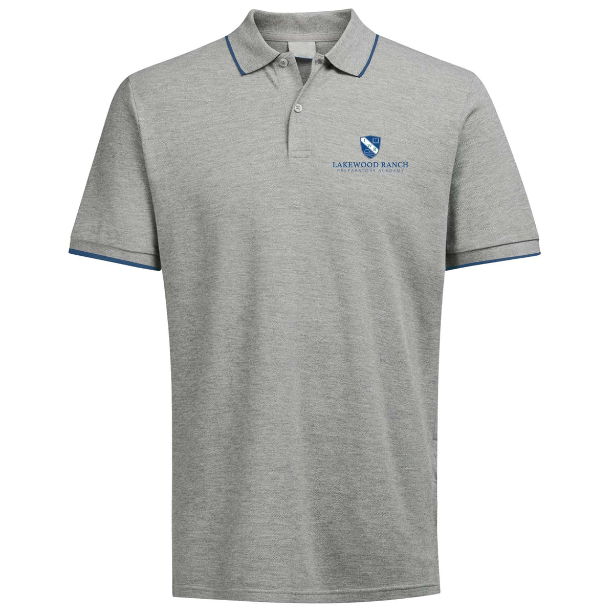 Polo de piqué gris para adultos Lakewood Ranch Prep High School con detalles en azul